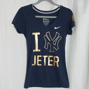 Nike Derek Jeter New York Yankees MLB Navy Blue Gold V-neck Slim Fit T-shirt S